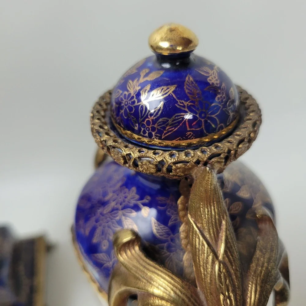Empire Porcelain Cobalt Gold Gilded Urn Centerpiece 3pc Garniture Set England